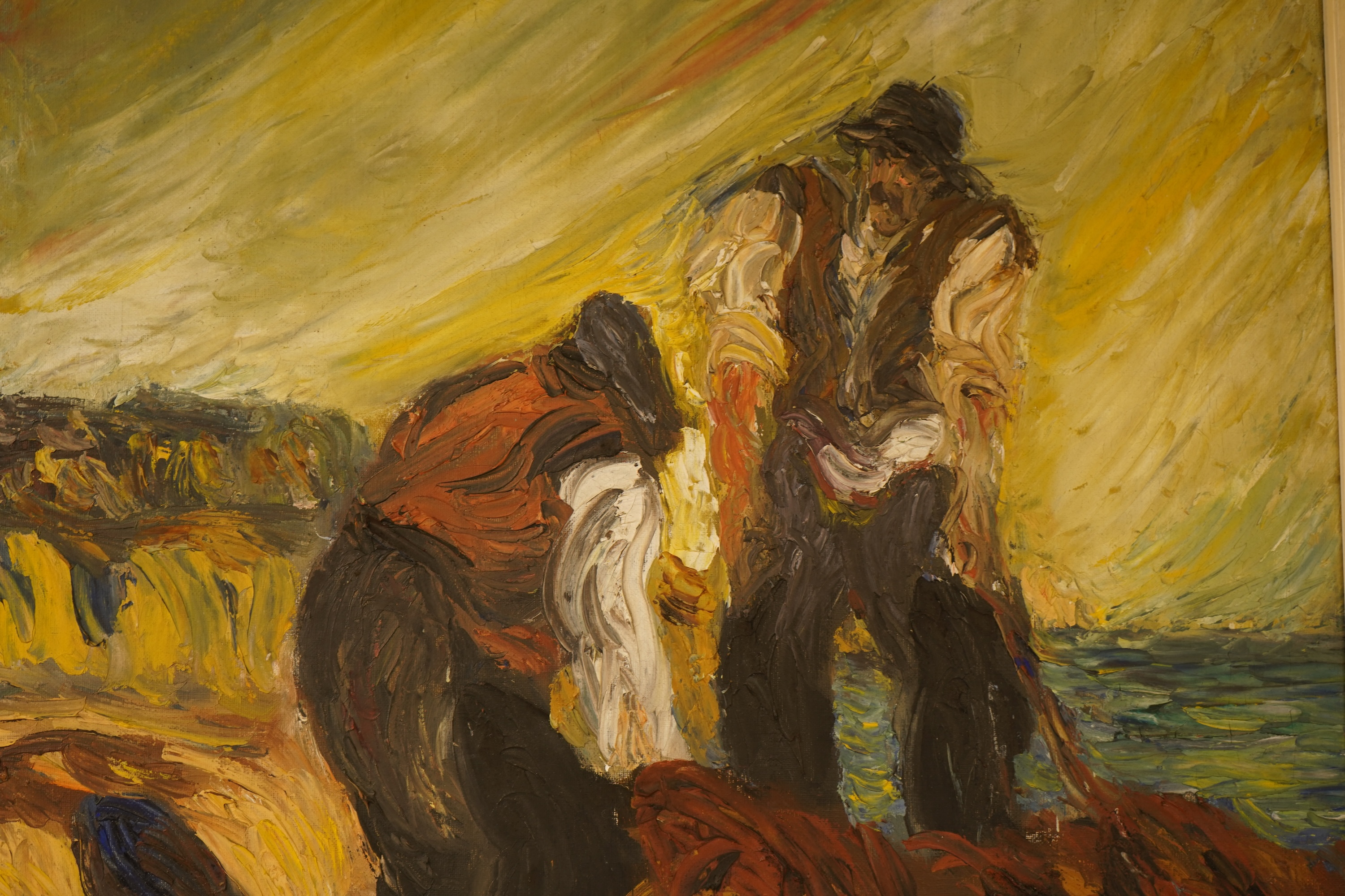 Roland, Two figures before a coastline, impasto oil on canvas, signed, 59 x 49cm